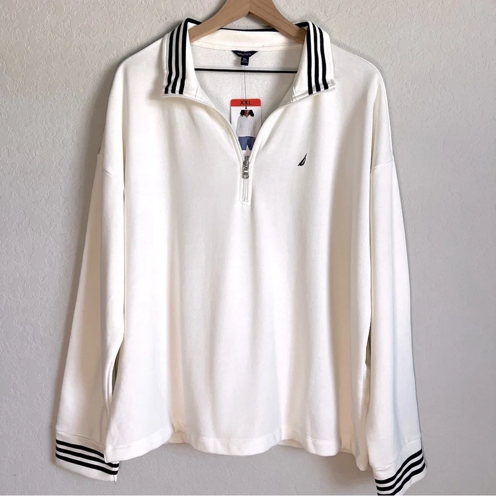 NAUTICA 1/4 Zip Polo Pullover Top Lightweight Sweatshirt White Navy NWT XXL - Picture 2 of 9
